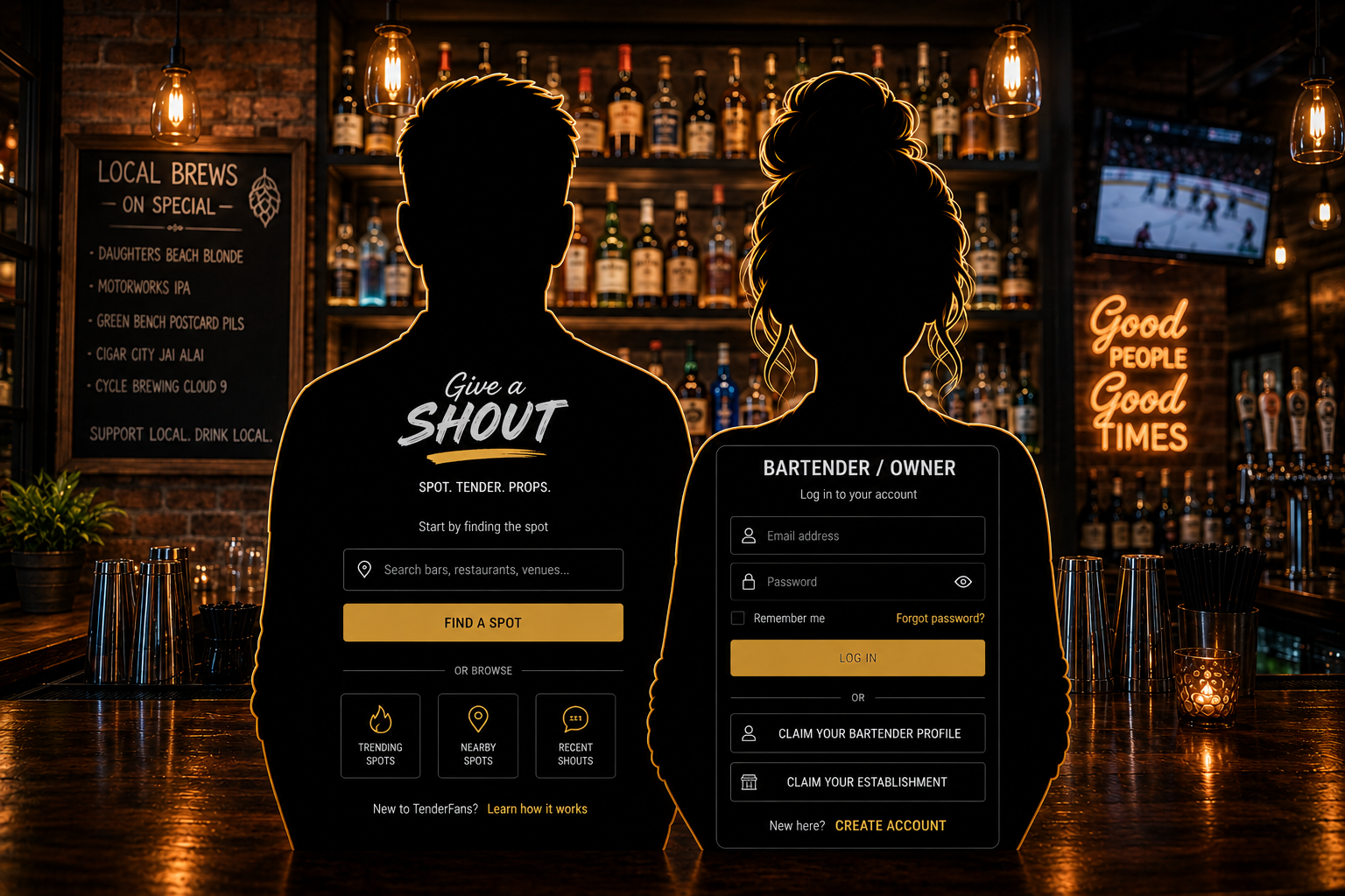Warm neighborhood bar with two silhouetted figures at the bar.